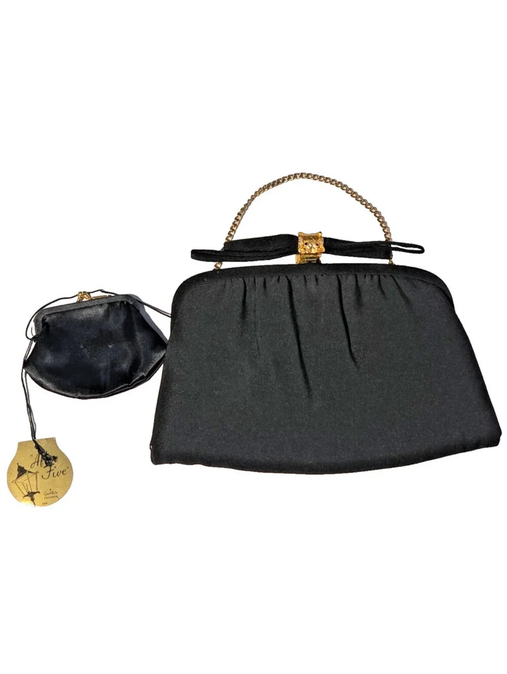 Vintage After Five Lowy & Mund Black Satin 50s/60s Clutch Coin Purse Tag Attach
